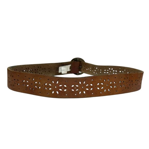 Lucky Brand Womens Leather Belt Sz Medium Brown Laser Cut Boho Brass Buckle - Picture 4 of 12